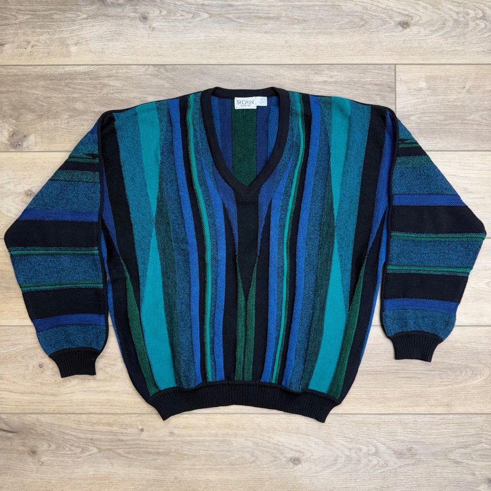 St.Croix Knits Wool Sweater V Neck Textured Blue Vintage Eclectic‎ Grandpa Coogi